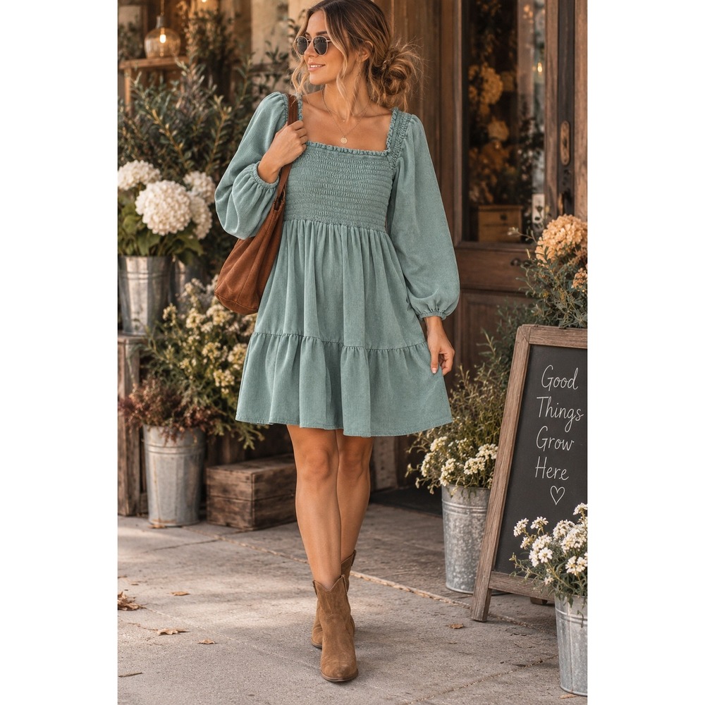 American Eagle Sage Green Corduroy Smocked Babydoll Mini Dress XS Long Sleeve